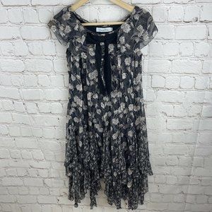 Oscar De La Renta Silk Sleeveless Floral Ruffle Pleated Dress Bow Detail Size 36